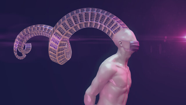 Person ohne Gesicht mit visualisiertem Gedanken "SLAVE" tr&auml;gt Maske vor dunklem Hintergrund | Konzeptuelle 3D Render Illustration - 8K