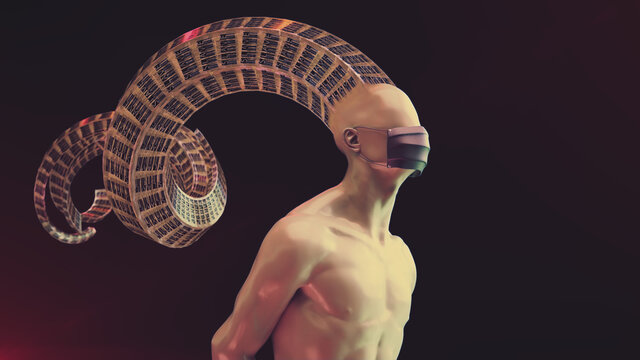 Person ohne Gesicht mit visualisiertem Gedanken "SLAVE" tr&auml;gt Maske vor dunklem Hintergrund | Konzeptuelle 3D Render Illustration - 8K