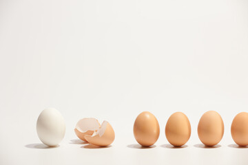 The chain of eggs and eggshell on the white background