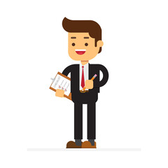 Businessman holding clipboard with white blank sheet of paper and hand holding pencil