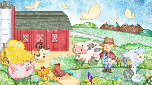 Barn Farm Backdrop Background. Cute oil pastel drawing crayon doodle for children book illustration poster or wall painting. Cow Dog Duck Sheep Rooster Hen Pig pumpkin Corn eggplant pepper