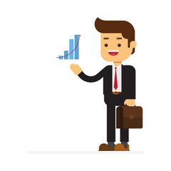 Businessman standing and carrying briefcase with showing raising arrow and growing graph