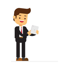 Business man walking and taping his tablet computer touch screen