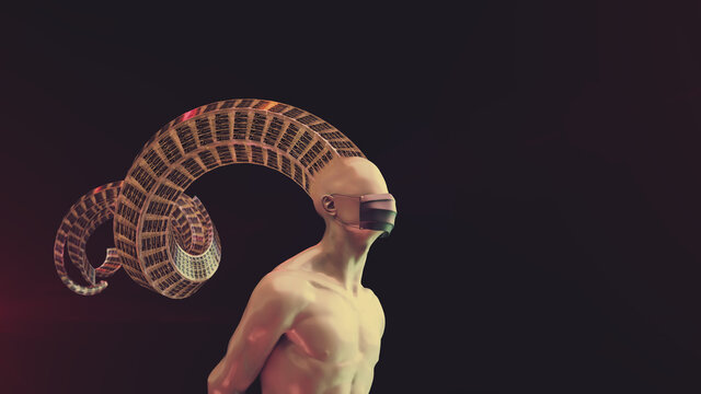 Person ohne Gesicht mit visualisiertem Gedanken "SLAVE" tr&auml;gt Maske vor dunklem Hintergrund | Konzeptuelle 3D Render Illustration - 8K