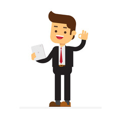 Businessman with Tablet Gesturing OK and Winking