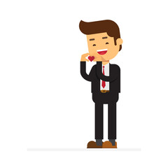 Standing business man showing heart sign with his hands expressing his support and care