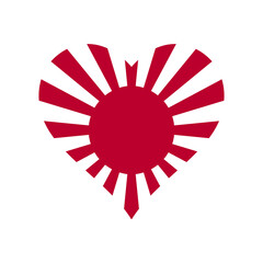 Love heart symbol with rising sun flag. Japanese imperial navy flag isolated vector design. Abstract japanese flag for decoration design. Sunshine vector background. Vintage sunburst.