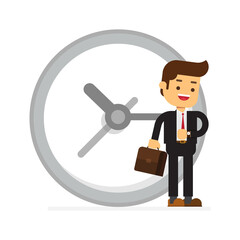 Happy businessman stand leaning to big clock