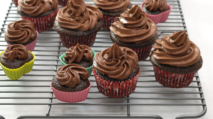 Chocolate cupcakes with chocolate buttercream frosting close up on white background