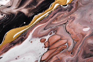 Acrylic Fluid Art. Brown and black waves with liquid golden curve. Abstract marble agate stone background or texture, fake kintsugi technique - obrazy, fototapety, plakaty