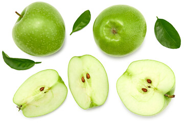 green apple with slices isolated on a white background. top view. clipping path