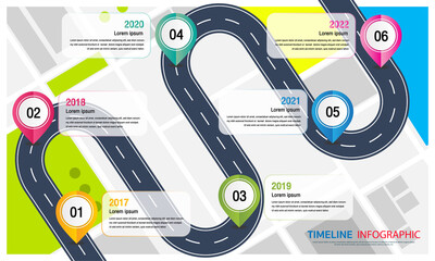 Road infographics. road map to success with pin pointers.road map timeline infographic.Timeline infographic 6 milestone like a road.