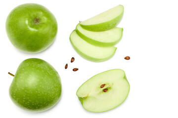 green apple with slices isolated on a white background. top view. clipping path