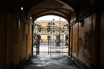Metal wrought iron gates. The city of St. Petersburg. Russia.