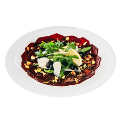 Isolated gourmet beetroot carpaccio appetizer on white