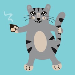 A contented, well-groomed gray cat drinks coffee and wags its tail in pleasure. Funny cartoon character. The cat invites you for a cup of coffee. Vector. Design for print, clothing, calendar.