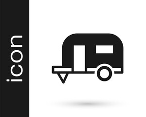Black Rv Camping trailer icon isolated on white background. Travel mobile home, caravan, home camper for travel. Vector