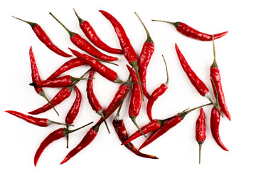 Hot chili Thai fingerling peppers flat lay on white