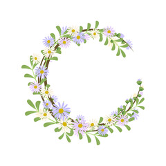 Daisy wreath. Round frame, cute purple and white flowers chamomile with yellow hearts. Festive decorations for wedding, holiday, postcard, poster and design
