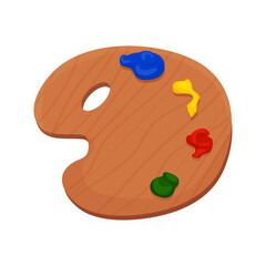  Artist wooden palette with paints in cartoon style isolated on a white background. Textured clip art, detailed equipment.
