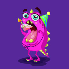 Obraz premium Vector color illustration for a happy birthday greeting card. Cute little monster character wearing a festive hat and holding a piece of cake in his 