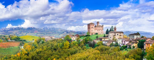 Poster Medieval casstle and village Castello di Grinzane  . one of the most famous vine region of Italy  - Piedmont © Freesurf