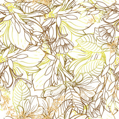 Gold flowers pattern. Seamless pattern with golden magnolia flowers. White background. Vector graphics.