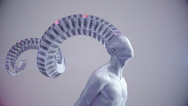 Gesichtslose Person mit visualisiertem Gedanken "LIBERTY" - Konzeptuell: Sehnsucht, Freiheit & Identität | 3D Render Illustration