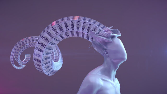 Gesichtslose Person mit visualisiertem Gedanken "LIBERTY" - Konzeptuell: Sehnsucht, Freiheit & Identität | 3D Render Illustration