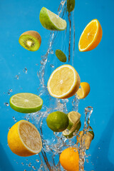 Falling fresh mixed fruits. Slices of the lemon, orange and lime with fresh water in the air. Flying fruits concept selective focus