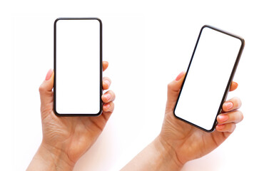 Person holding phone with empty white screen in different angles on white background