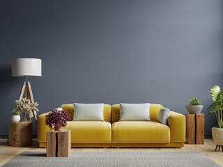 Interior mockup dark blue wall with yellow sofa and decor in living room.