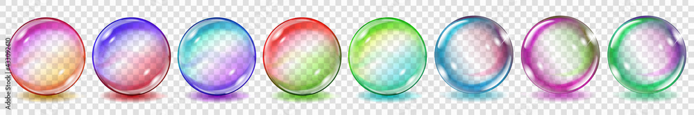 Poster set of translucent colored spheres with glares and shadows on transparent background. transparency o