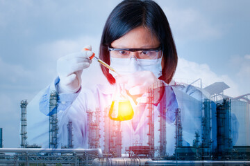 Double exposure conpept, research and development woman science chemistry looking Liquid Chemical Reaction in Beaker inside Laboratory Room, Female researching and development test sample background.