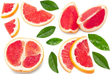 grapefruit with slices and green leaves isolated on white background top view. clipping path