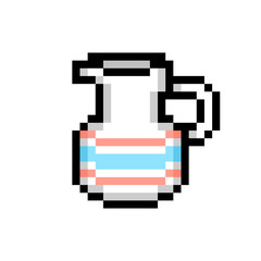White striped milk jug, pixel art icon isolated on white background. 8 bit kitchen equipment. Water pitcher logo. Food preparation utensil. Lemonade jar.Old school vintage retro 80s-90s game graphics.