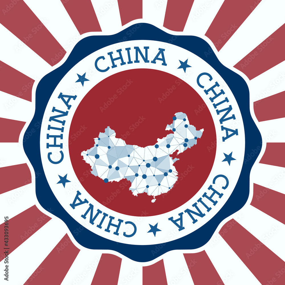 Poster china badge. round logo of the country with a triangular mesh map and radial rays. eps10 vector.