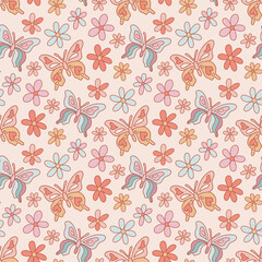 Retro seamless pattern with butterflies and flowers daisies, in a warm color palette. It can be used for packaging, wrapping paper, textile, home decor, for scrapbooking. Vintage style 60s 70s