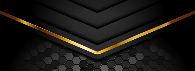 Abstract Black and Golden Lines Background Design Isolated on Dark Black Gradient Background.