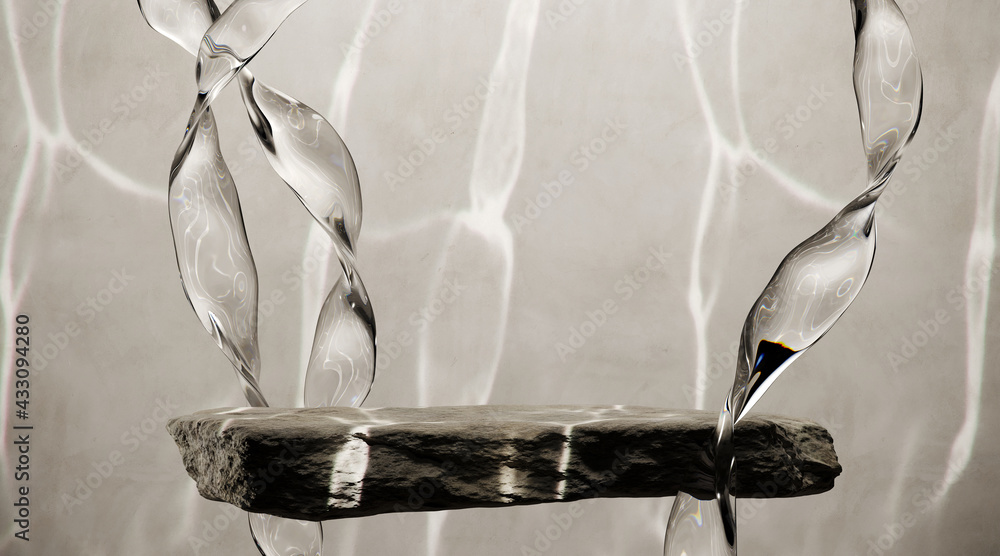 Poster underwater mockup concept for product presentation. cobblestone podium and crystal seaweed with wate