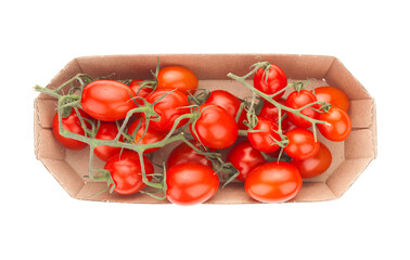 Top view on pack with bunches of fresh cherry tomatoes  isolated on white background