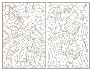 Set of contour illustrations in the style of a stained glass window with mushrooms compositions, dark outlines on a white background