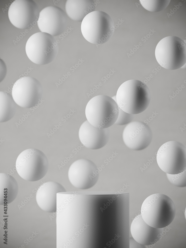 Poster minimal mockup concept for product presentation. white podium on white spheres background. clipping 