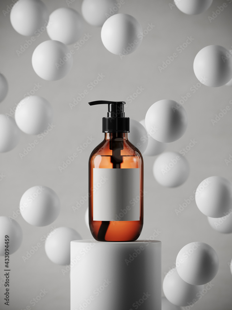Poster minimal mockup concept for product presentation. cosmetic bottle and podium on white spheres backgro