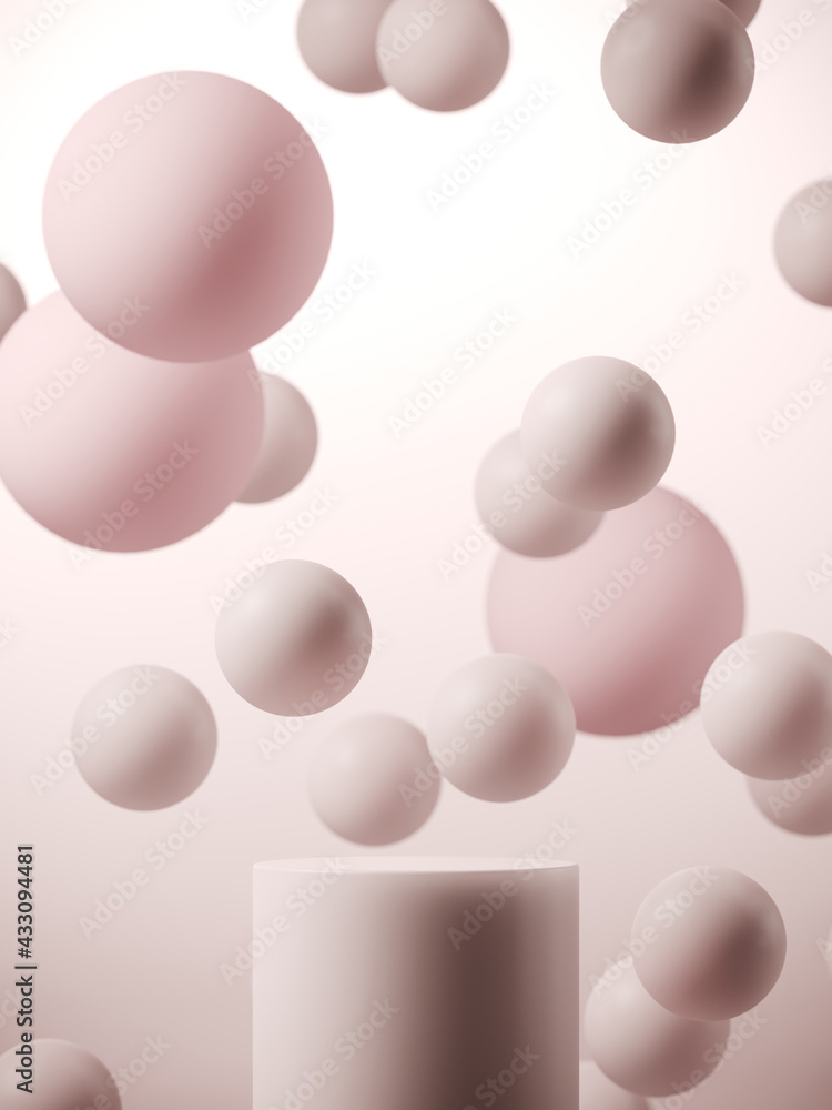 Poster minimal mockup concept for product presentation. pink podium on pink spheres background. clipping pa