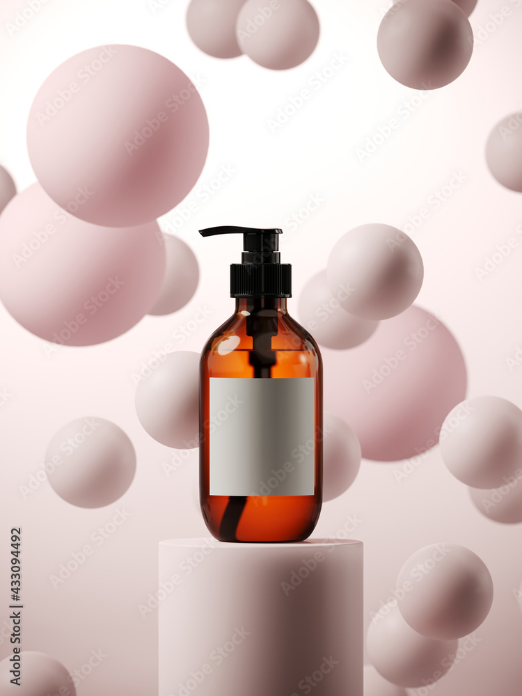 Poster minimal mockup concept for product presentation. cosmetic bottle and podium on pink spheres backgrou