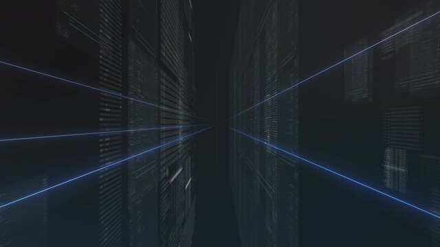 Flight through walls from digital code background animation loop. Seamless looping inside computer system.