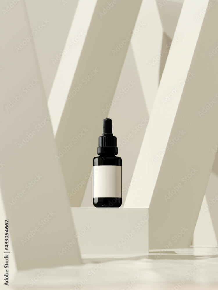 Poster minimal mockup concept for product presentation. white color podium and cosmetic bottle on geometric