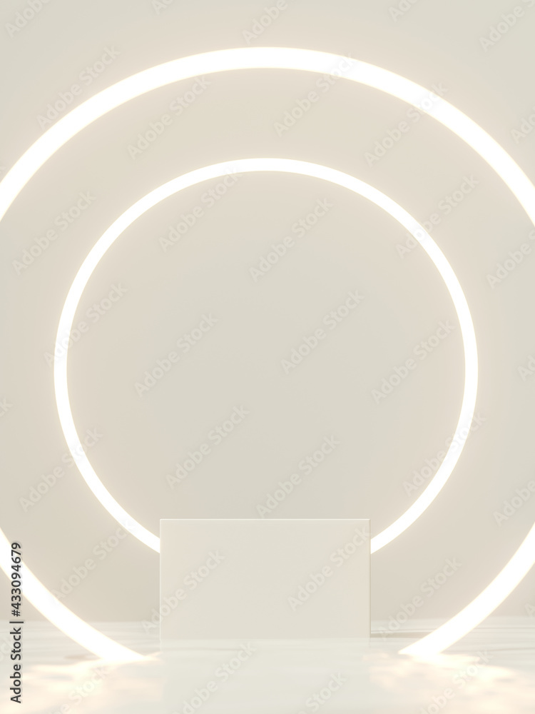Poster minimal mockup concept for product presentation. white podium and glowing round portal on white back