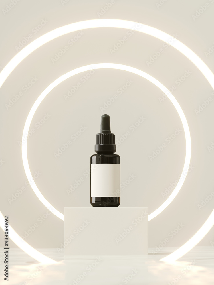 Poster minimal mockup concept for product presentation. white podium and glowing round portal on white back